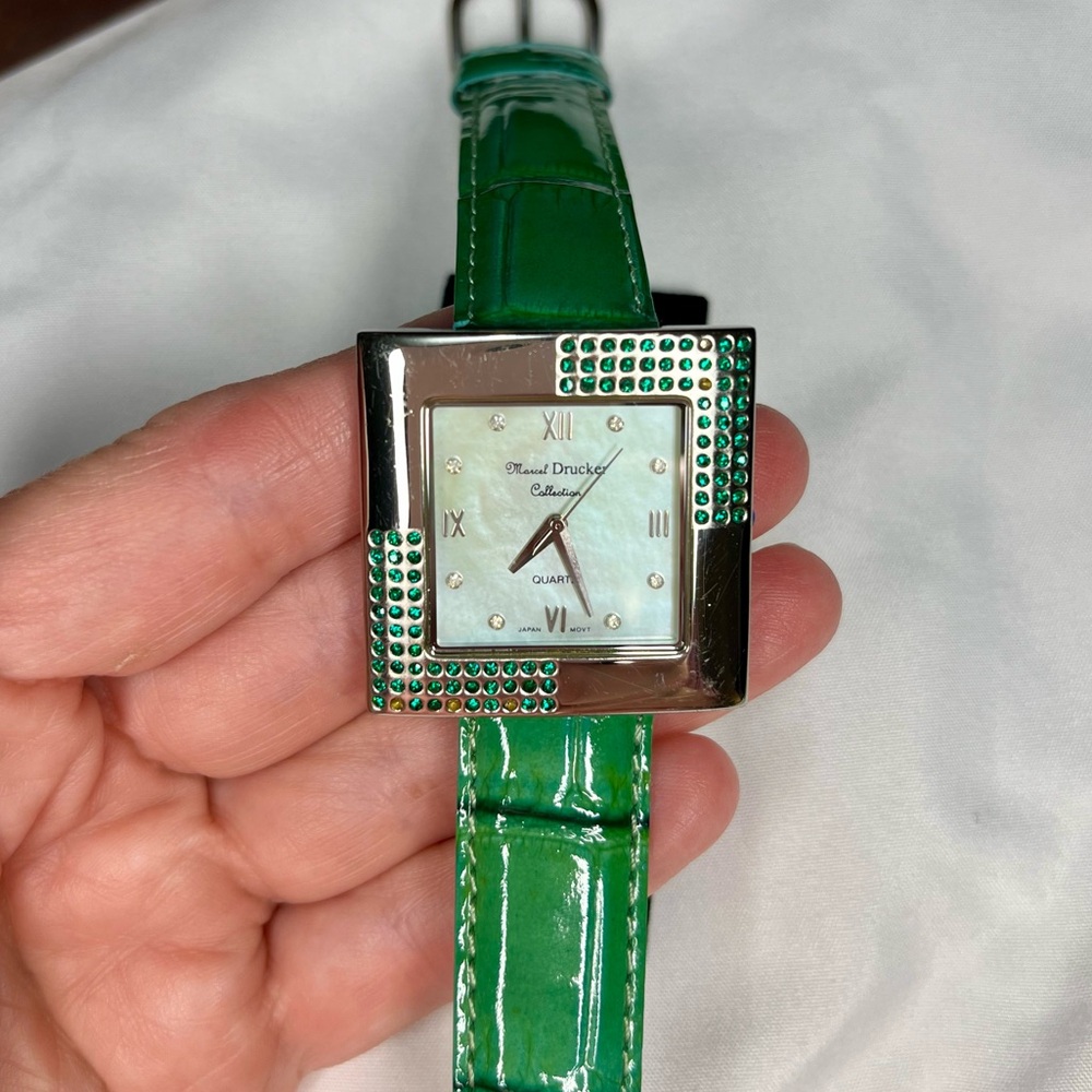 Emerald Green Croc Embossed Leather & Crystal Watch by Marc Drucker Collection